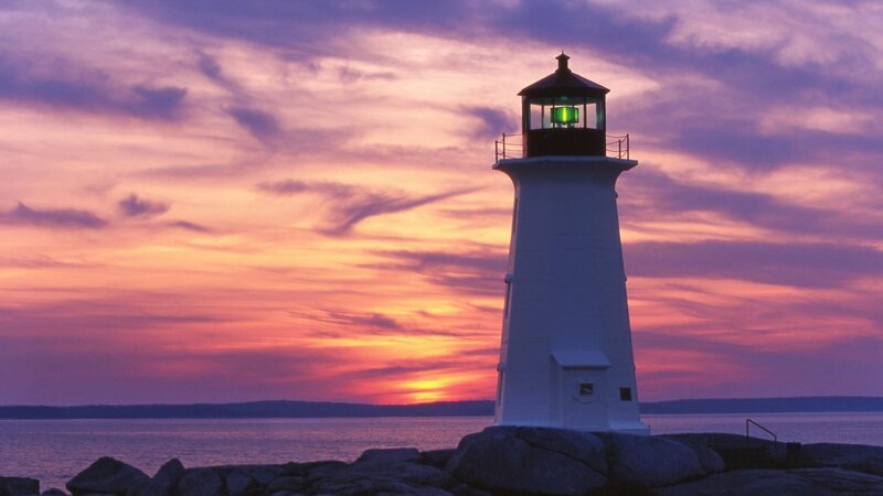 Lighthouse at Sunset — Purple, Serene, Photograph, Ocean, Sky, Rocks, Orange