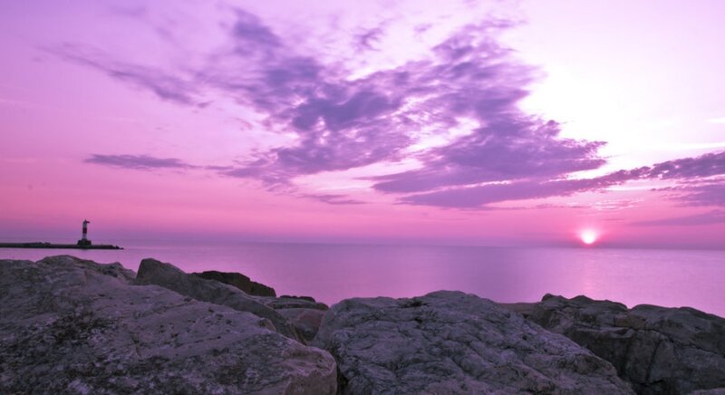 Lighthouse at Sunset — Purple, Serene, Photograph, Ocean