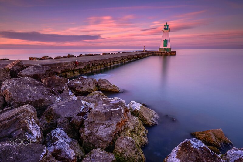 Lighthouse at Sunset — Purple, Serene, Photograph, Pier