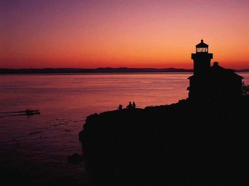 Lighthouse at Sunset — Purple, Serene, Photograph, Sea