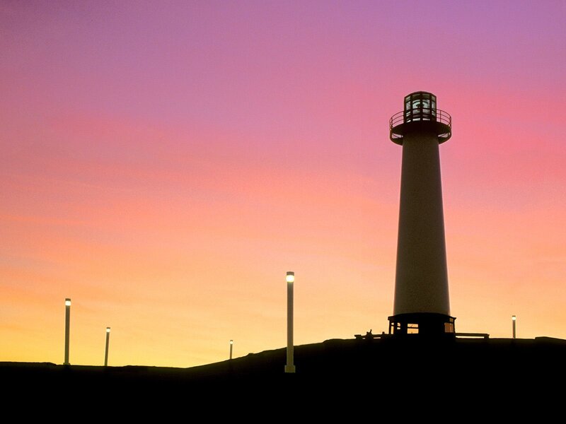 Lighthouse at Sunset — Purple, Serene, Photograph, Sky, Lights