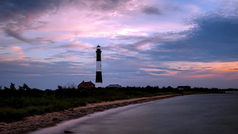 Lighthouse at Sunset — Purple, Serene, Photograph, Sky