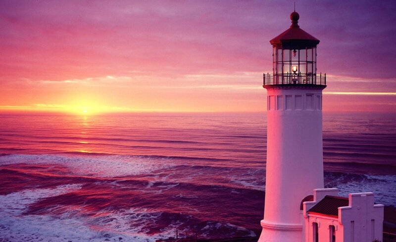Lighthouse at Sunset — Purple, Serene, Photograph