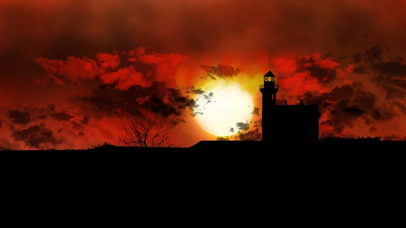 Lighthouse at Sunset — Red, Dramatic, Digital Art, Sun