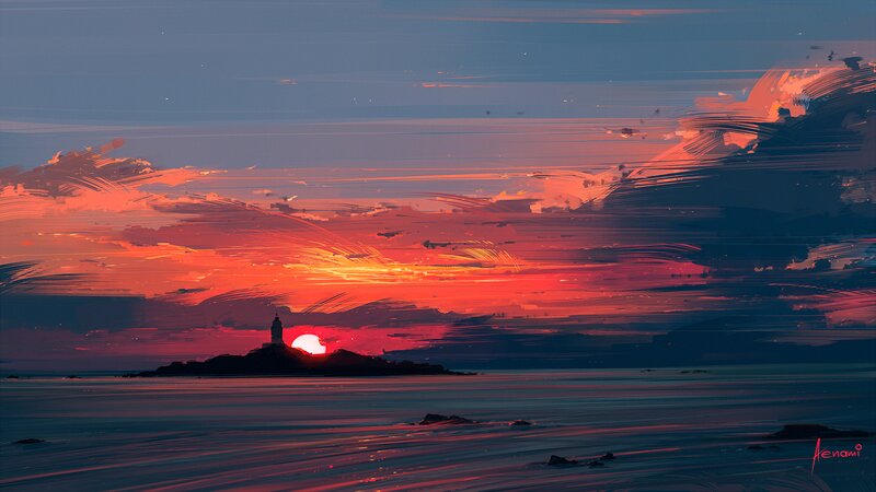 Lighthouse at Sunset — Red, Dramatic, Digital Art