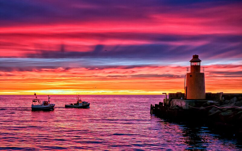 Lighthouse at Sunset — Red, Dramatic, Photograph, Boats, Sea