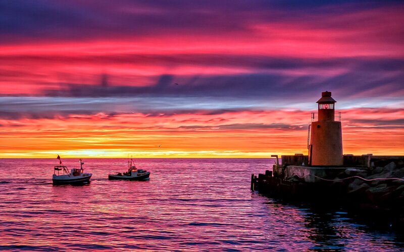 Lighthouse at Sunset — Red, Dramatic, Photograph, Boats, Sky