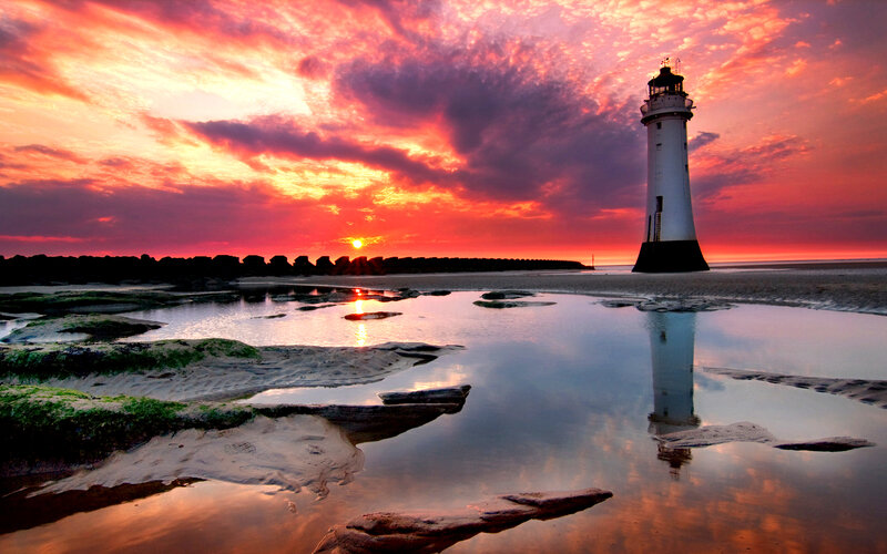 Lighthouse at Sunset — Red, Dramatic, Photograph, Clouds