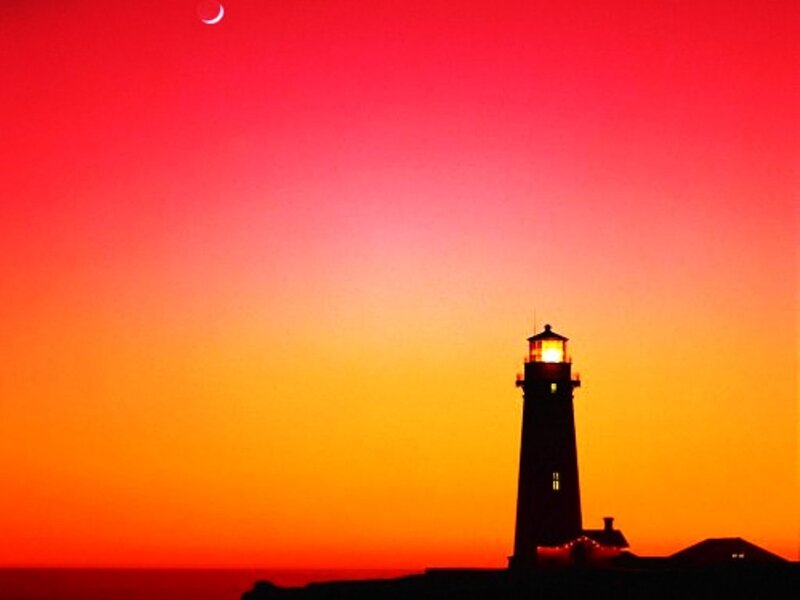 Lighthouse at Sunset — Red, Dramatic, Photograph, Moon