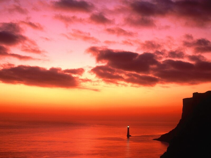 Lighthouse at Sunset — Red, Dramatic, Photograph, Ocean, Cliff