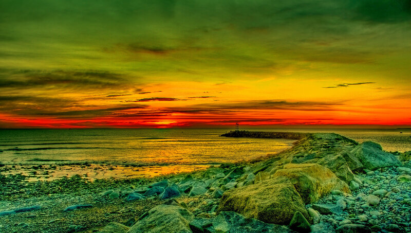 Lighthouse at Sunset — Red, Dramatic, Photograph, Ocean, Rocks