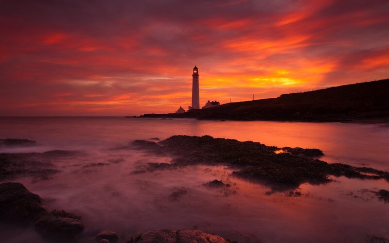 Lighthouse at Sunset — Red, Dramatic, Photograph, Ocean, Sky