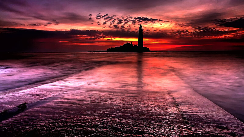Lighthouse at Sunset — Red, Dramatic, Photograph, Ocean