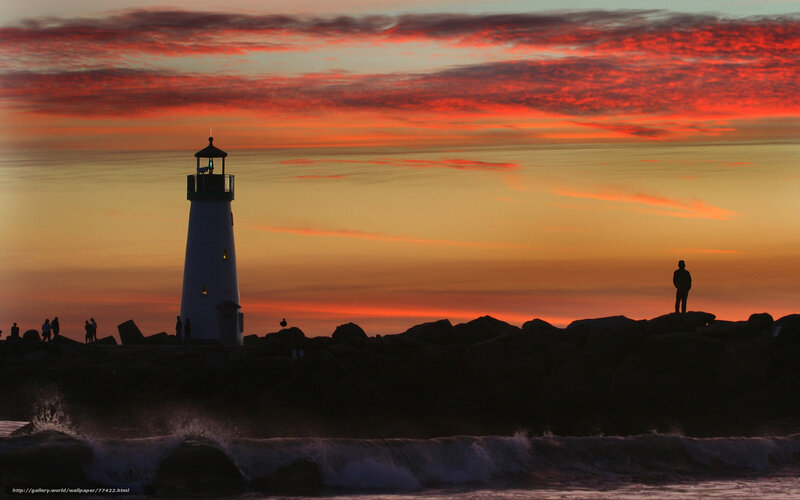 Lighthouse at Sunset — Red, Dramatic, Photograph, People