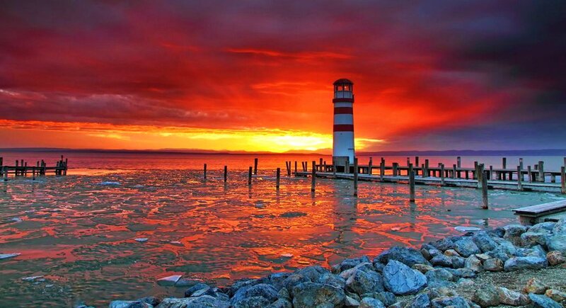 Lighthouse at Sunset — Red, Dramatic, Photograph, Pier
