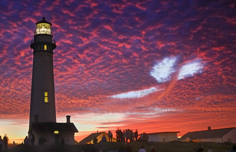 Lighthouse at Sunset — Red, Dramatic, Photograph, Sky, Clouds