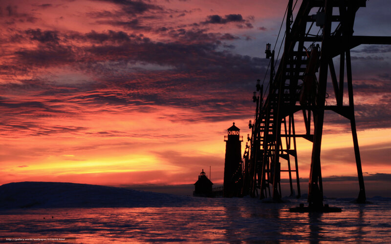Lighthouse at Sunset — Red, Dramatic, Photograph, Sky, Pier