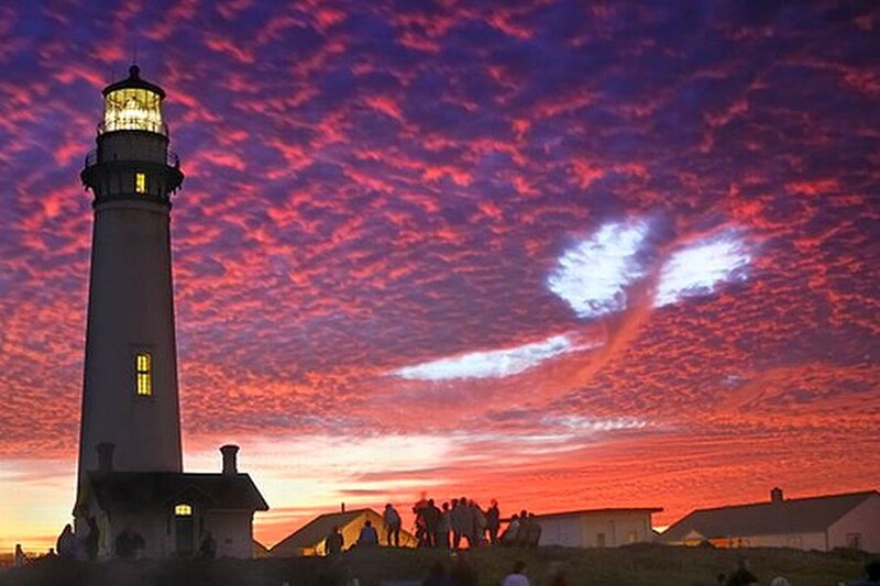 Lighthouse at Sunset — Red, Dramatic, Photograph, Sky