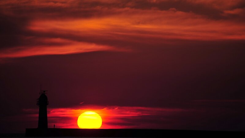 Lighthouse at Sunset — Red, Dramatic, Photograph, Sun, Clouds