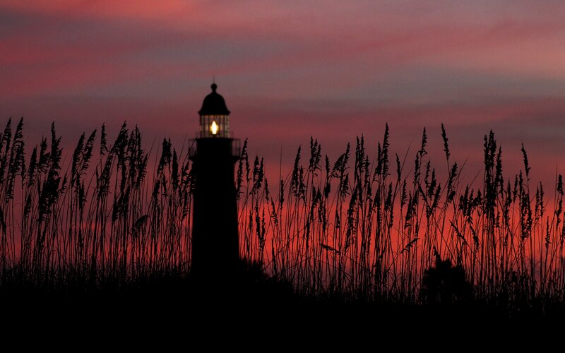 Lighthouse at Sunset — Red, Dramatic, Photograph, Tall Grass