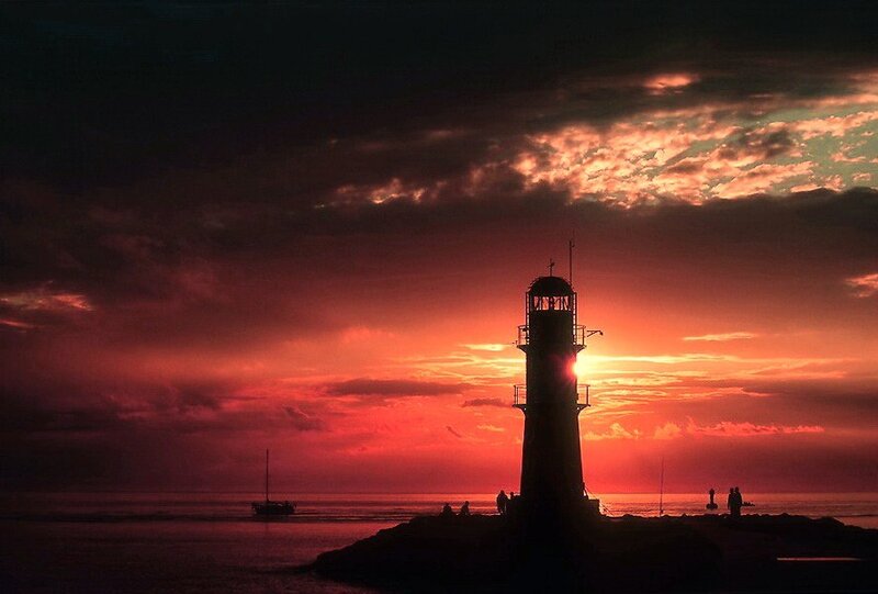 Lighthouse at Sunset — Red, Dramatic, Photograph