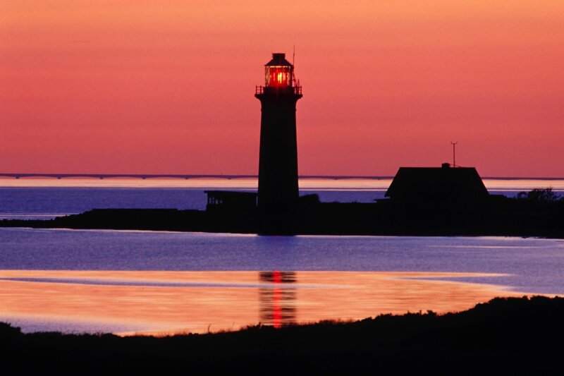Lighthouse at Sunset — Red, Serene, Photograph, Ocean