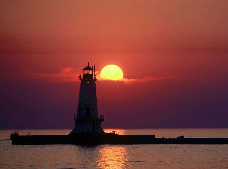 Lighthouse at Sunset — Red, Serene, Photograph, Sun, Sea