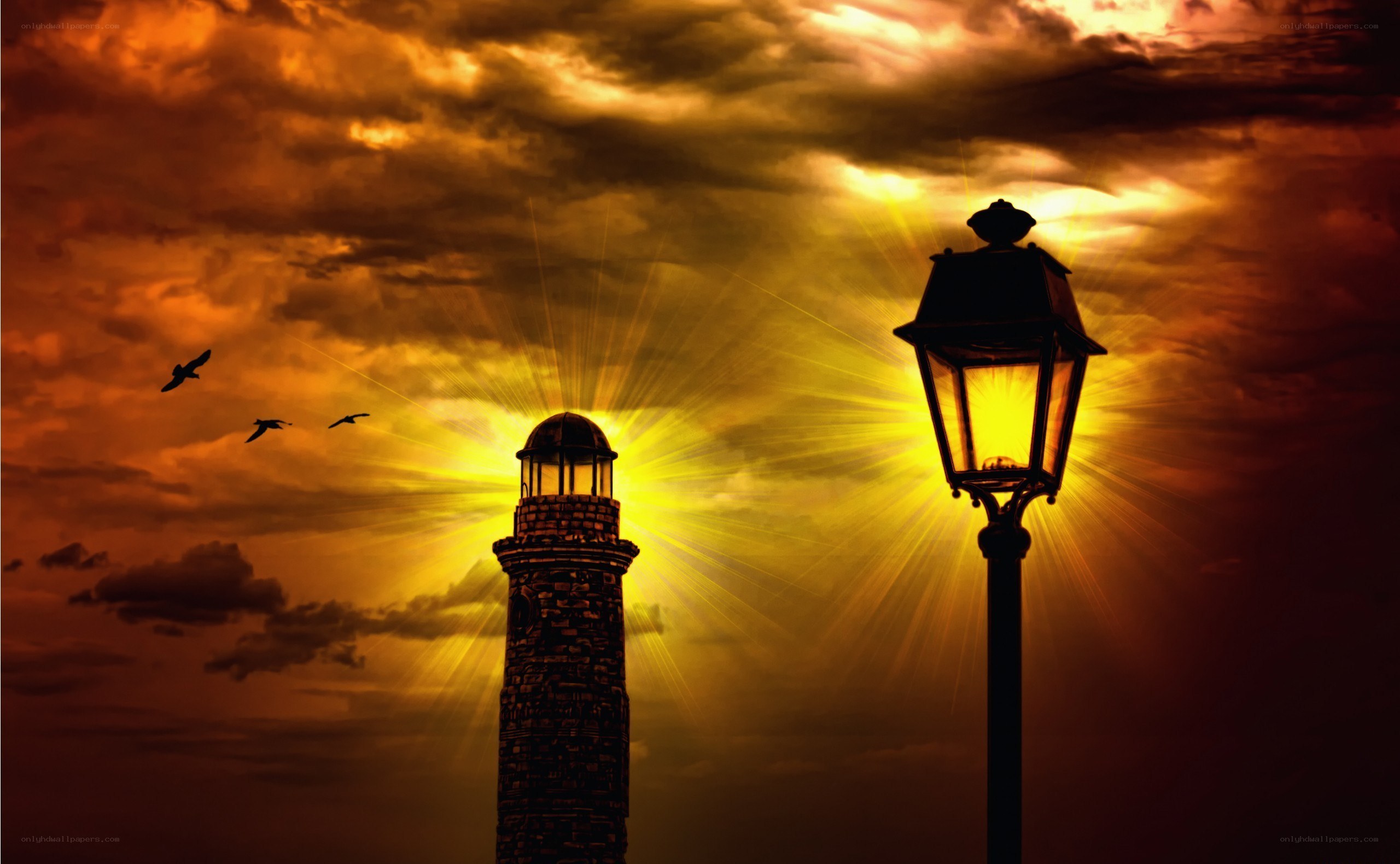 Lighthouse at sunset with birds