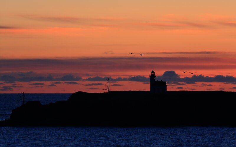 Lighthouse at sunset with birds