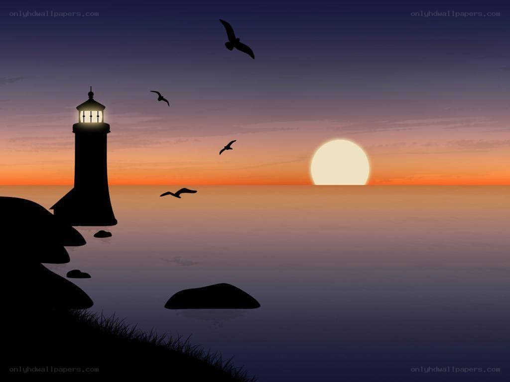 Lighthouse at sunset with birds
