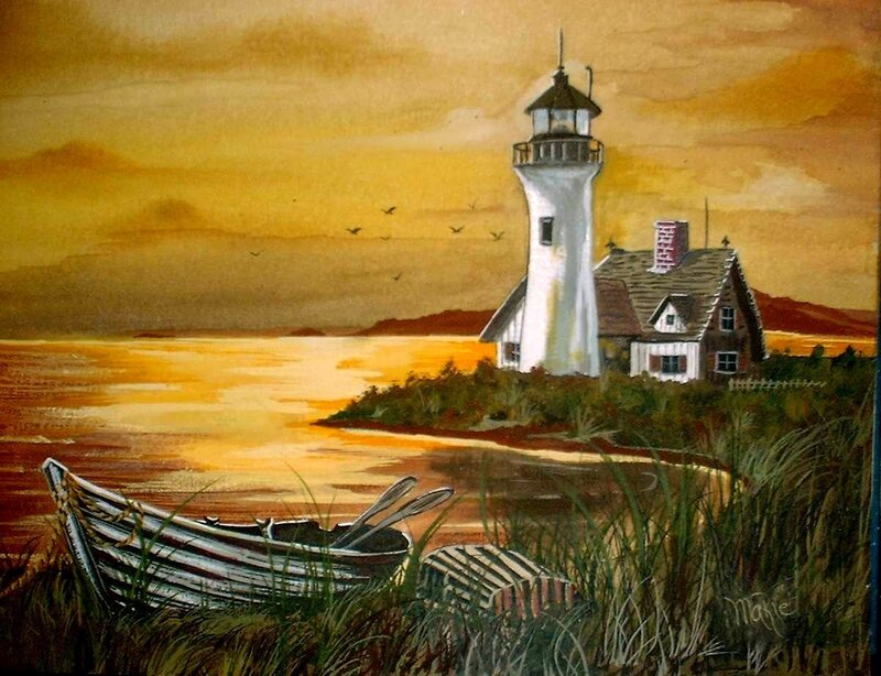 Lighthouse at sunset with boat