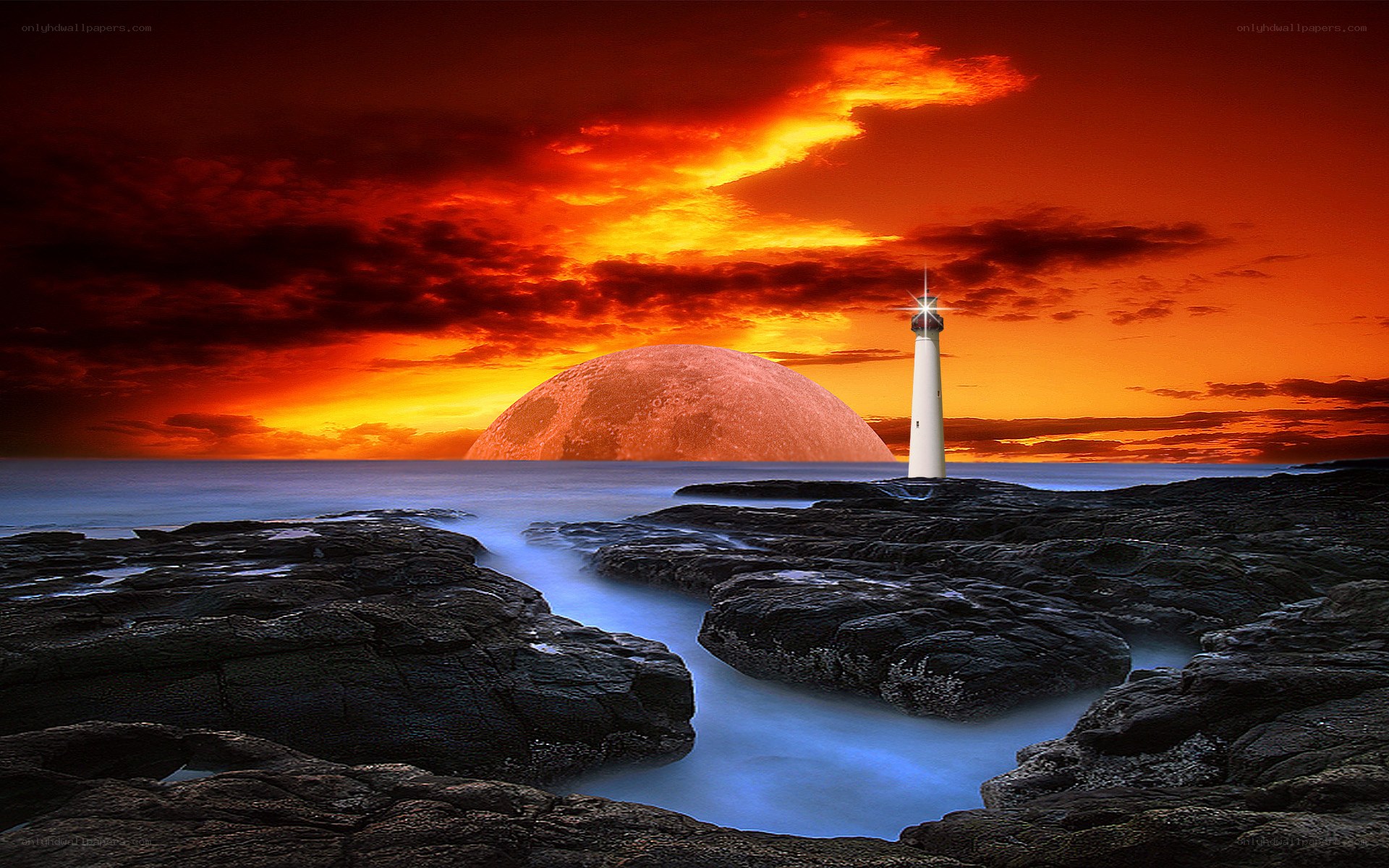 Lighthouse at sunset with giant moon