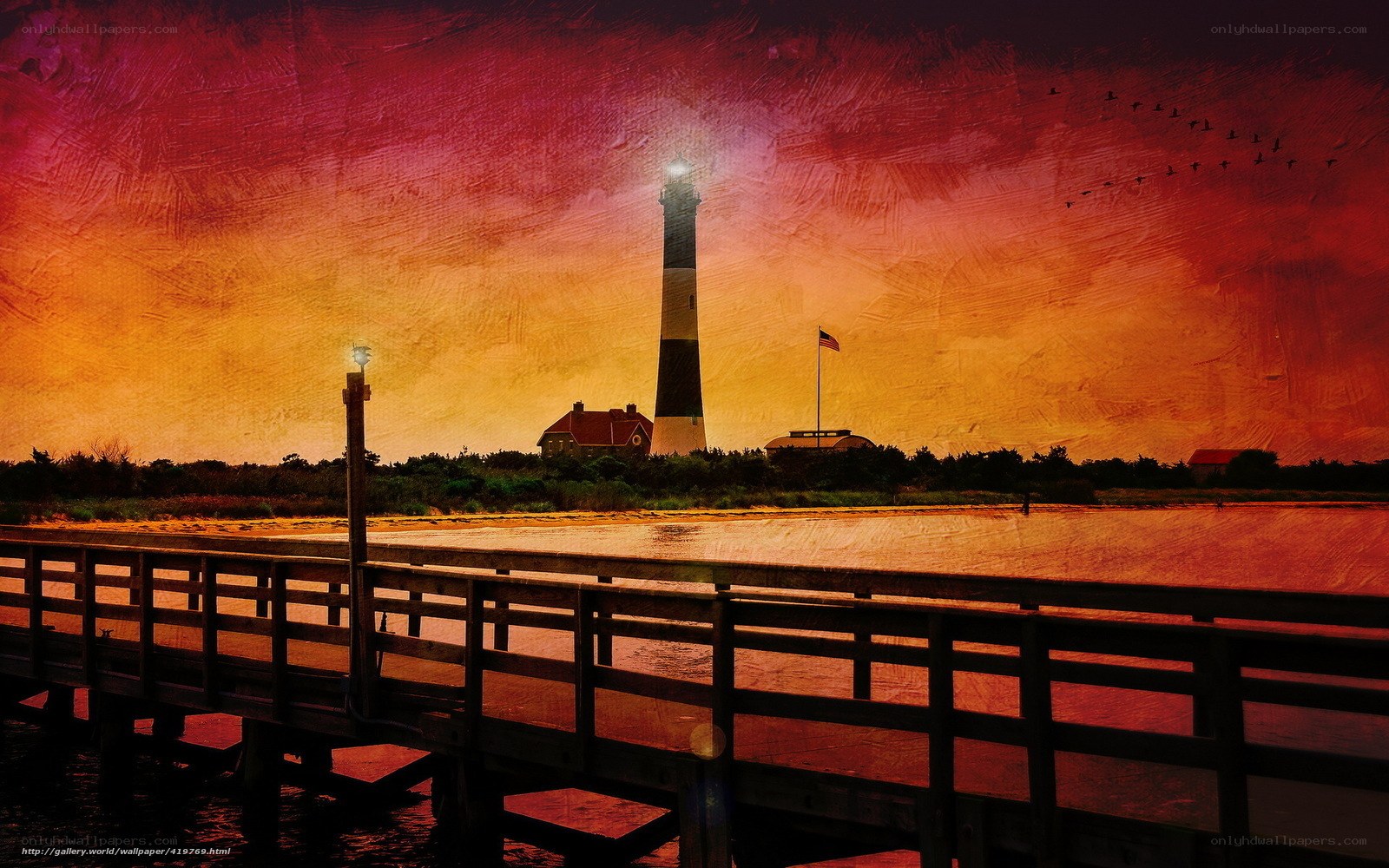 Lighthouse at sunset with pier