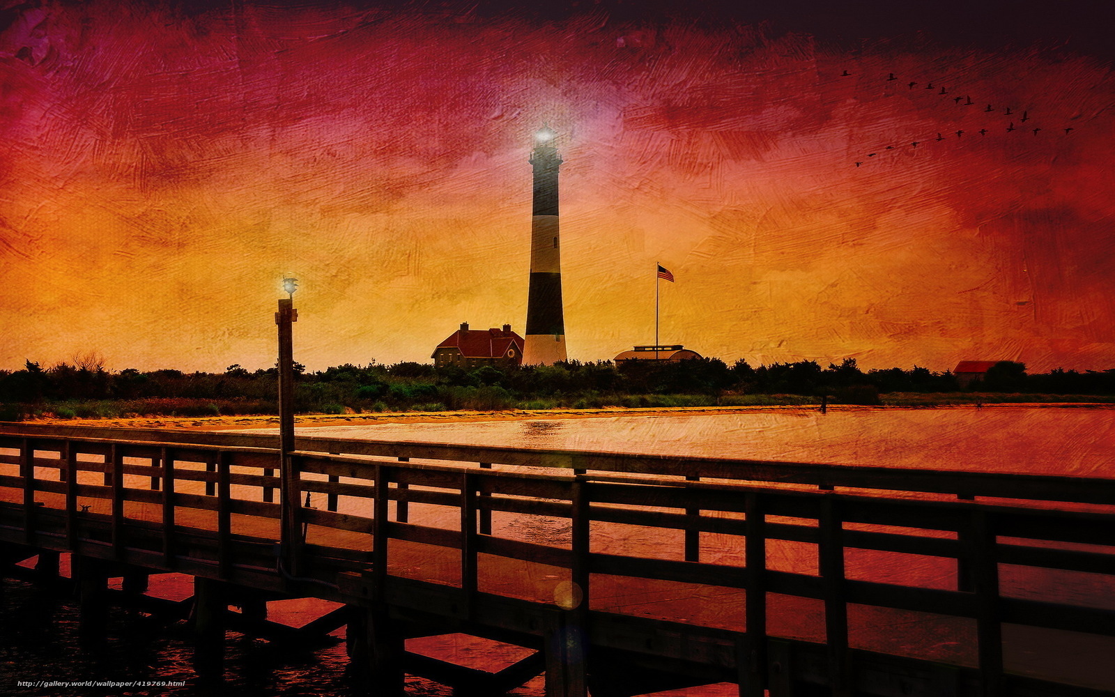 Lighthouse at sunset with pier