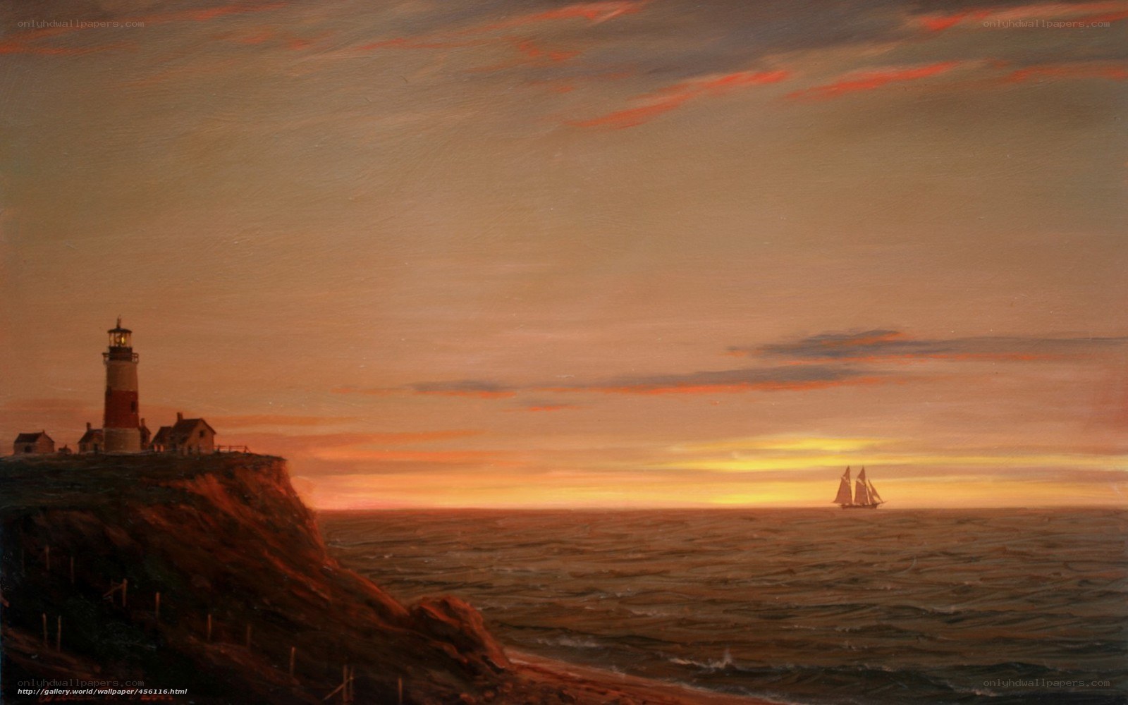 Lighthouse at sunset with sailboat