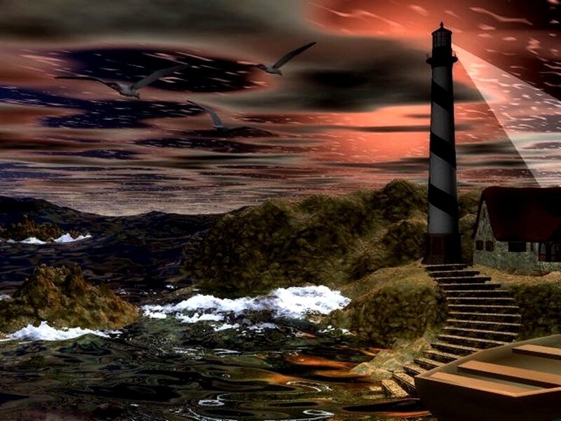 lighthouse at sunset with seagulls