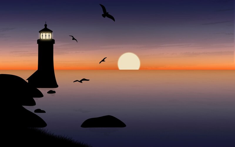 lighthouse at sunset with seagulls