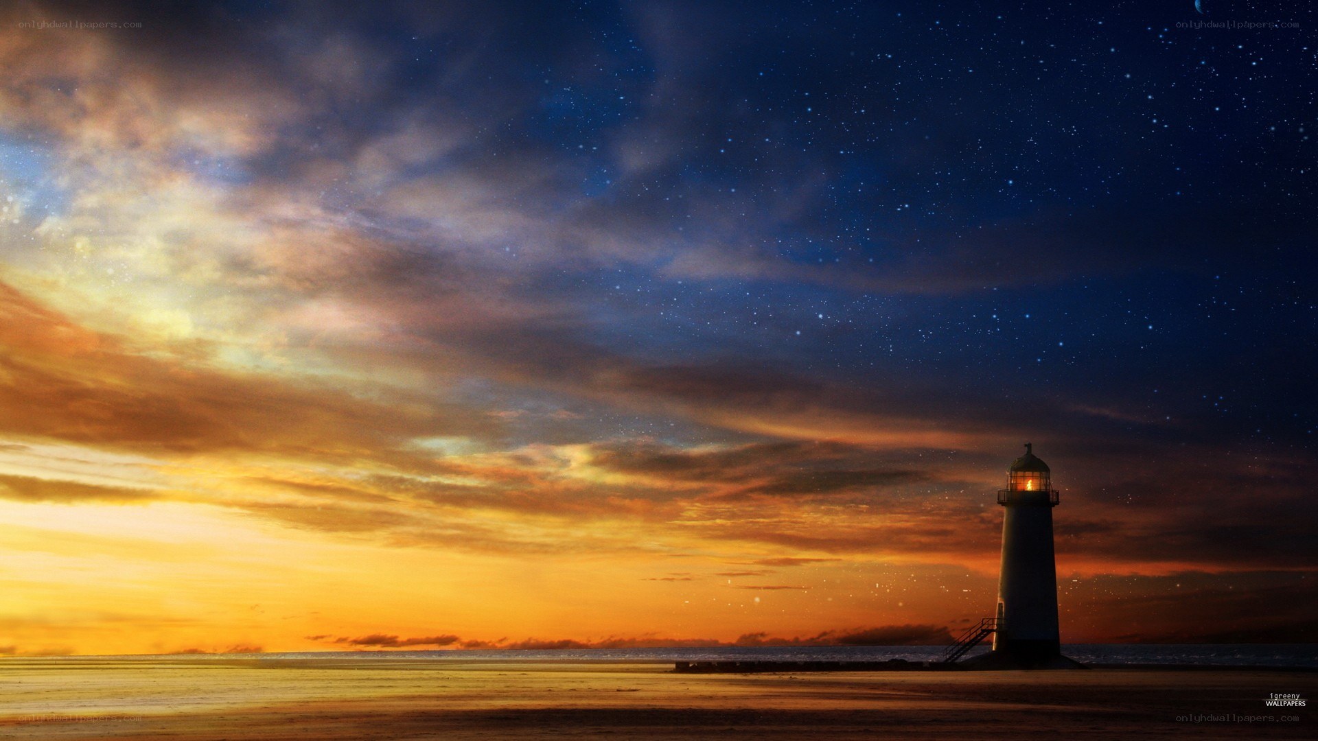 Lighthouse at sunset with stars