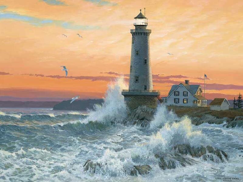 Lighthouse at Sunset with Waves