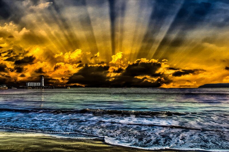 Lighthouse at Sunset — Yellow, Dramatic, Digital Art, Ocean