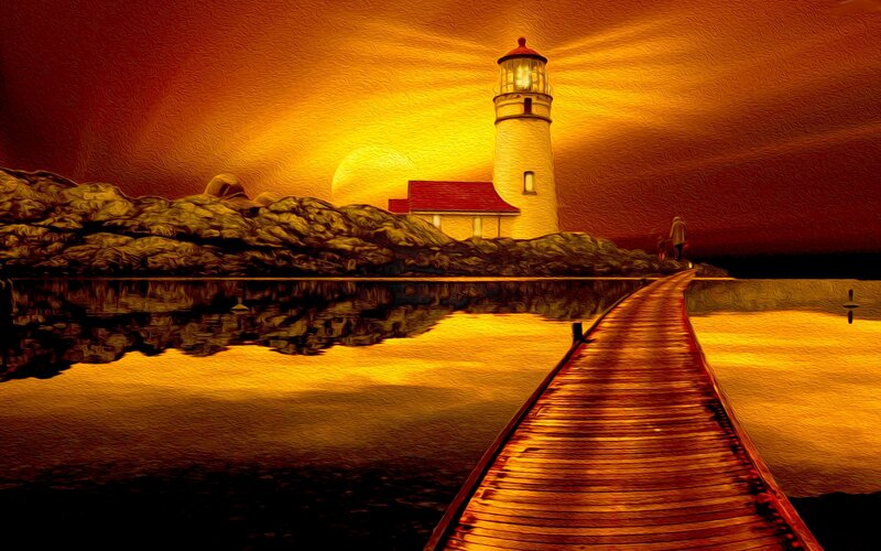Lighthouse at Sunset — Yellow, Dramatic, Digital Art