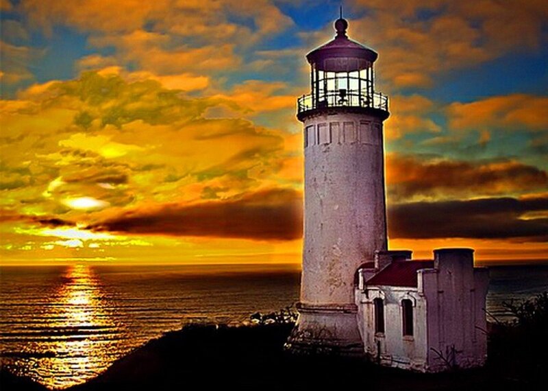 Lighthouse at Sunset — Yellow, Dramatic