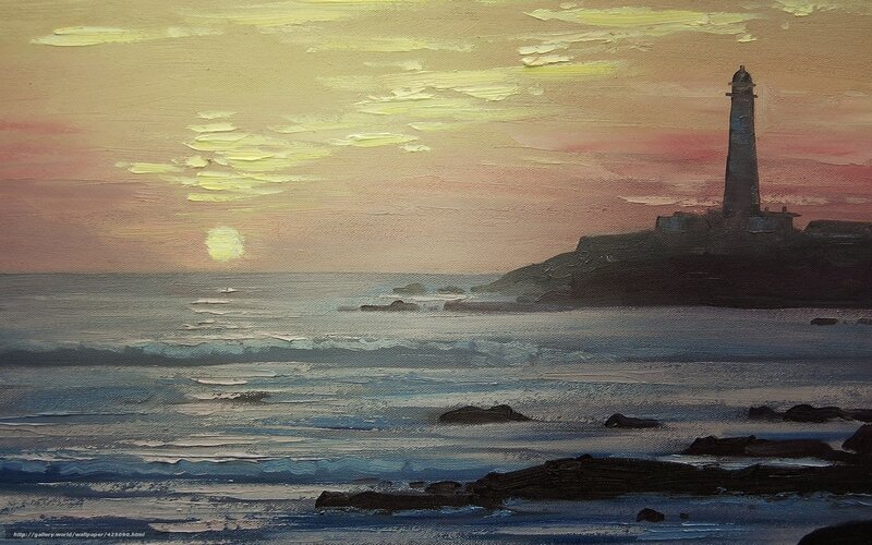 Lighthouse at Sunset — Yellow, Serene, Painting, Ocean