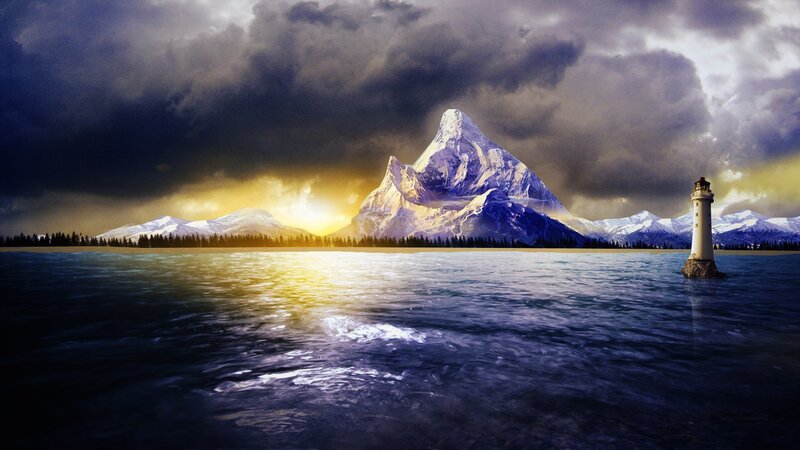 Lighthouse by a mountain lake