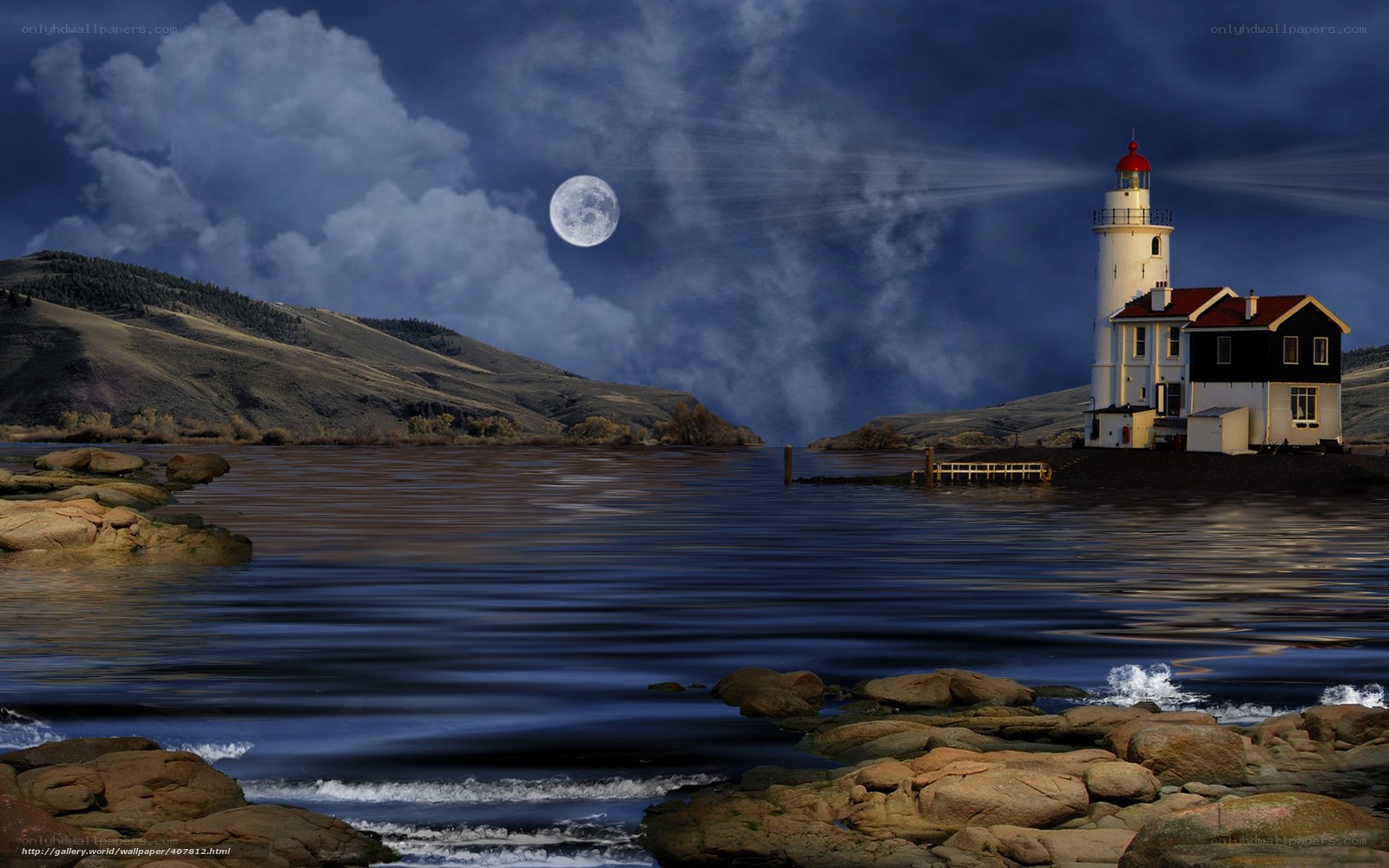 Lighthouse by the moonlit lake