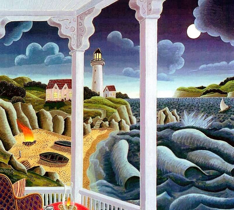 Lighthouse by the sea at night