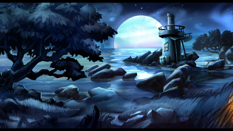 Lighthouse by the sea at night