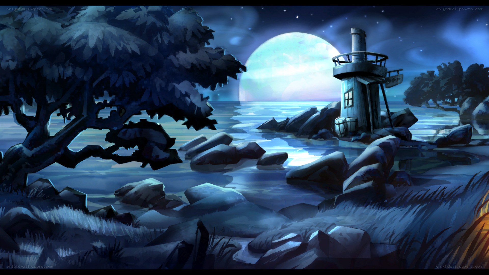 Lighthouse by the sea at night