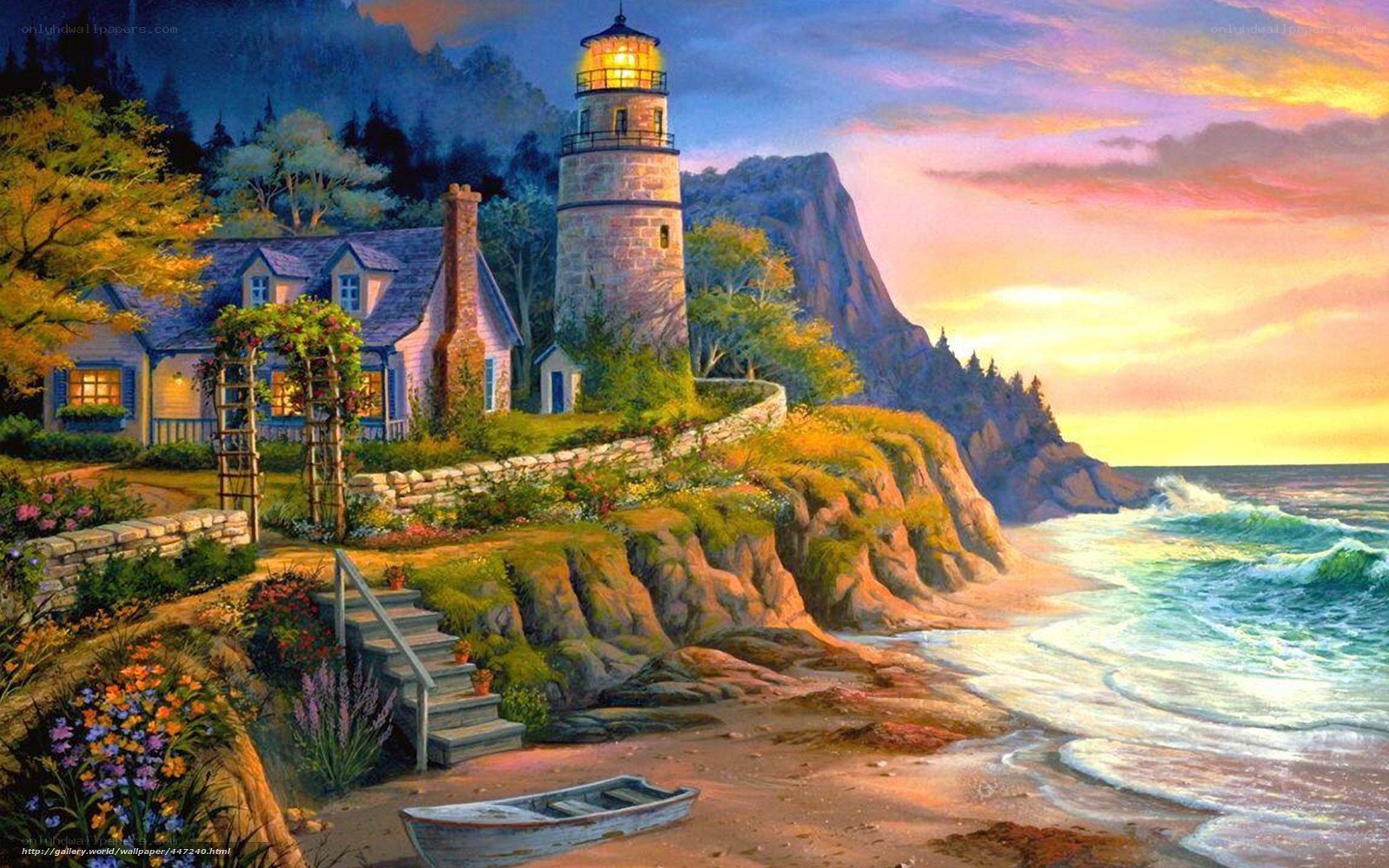 Lighthouse by the sea at sunset