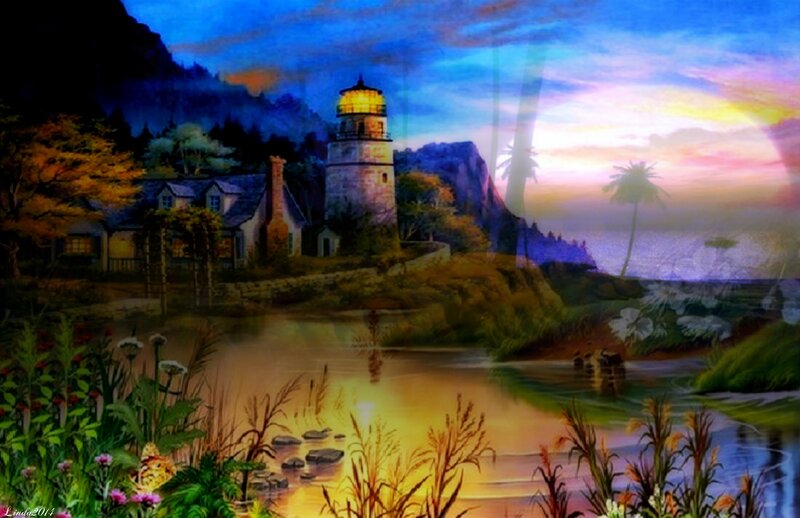 Lighthouse by the Sea — Blue, Serene, Sunset, Painting
